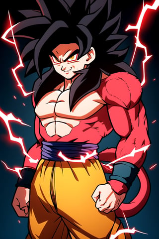 centered, solo, man, upper body, standing, | energy, aura, electricity, ,Super_Saiyan_4_Goku, 1boy, male focus, super saiyan, tail, wristband, pants, red fur, black hair,  solo, smiling, looking at viewer, cowboy shot, ,energy