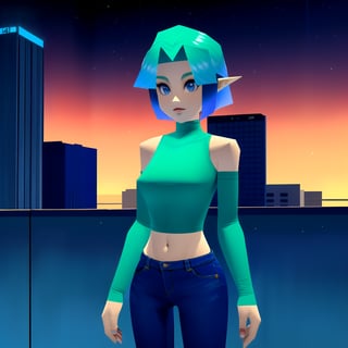 (looking at viewer:1.2), 3d, (n64style:1.3), ocarinaoftime, screenshot of a nintendo 64 game, n64, | centered, upper body, photography of a 22yo woman, masterpiece, | (beautiful detailed eyes:1.2), short hair, (aqua hair color), (light blue eyes:1.2), (blue long sleeve crop top, midriff, navel, lowleg denim jeans, | sunset, bokeh, depth of field, | Tokyo, urban, street, City, | starry sky, vaporwave color scheme ,3DMM,n64style, majorasmask