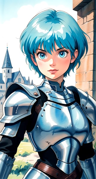 centered, upper body, award winning upper body portrait, (detailed face), (beautiful detailed eyes:1.2), (glowinig eyes:1.2), (aura:1.1), | solo, knight woman, short hair, aqua hair color, light blue eyes, (black knight tight armor), | symetrical and detailed armor, | fantasy town, medieval, european street, | bokeh, depht of field, | hyperealistic shadows, smooth detailed, blurred background, | 1980s \(style\), painting \(medium\), retro artstyle, watercolor \(medium\), takada akemi,