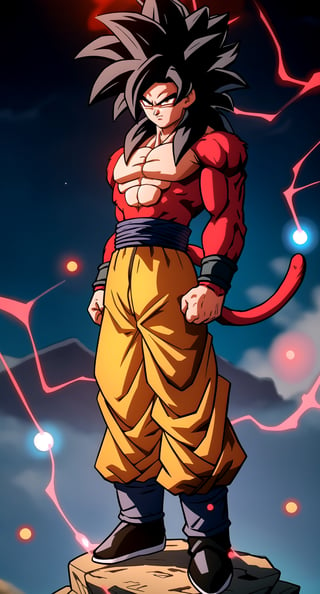 centered, solo, man, full body, standing, arms at sides, | aura, electricity, Super_Saiyan_4_Goku, 1boy, male focus, super saiyan, tail, wristband, pants, red fur, black hair, (looking at viewer), | china mountains, temple, | bokeh, depth of field,