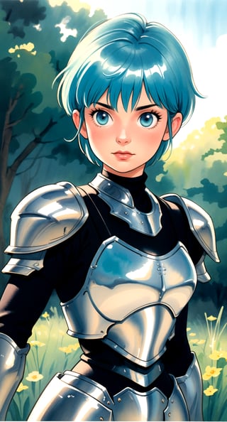 centered, upper body, award winning upper body portrait, (detailed face), (beautiful detailed eyes:1.2), (glowinig eyes:1.2), (aura:1.1), | solo, knight woman, short hair, aqua hair color, light blue eyes, (black knight tight armor), | symetrical and detailed armor, | fantasy town, medieval, european street, | bokeh, depht of field, | hyperealistic shadows, smooth detailed, blurred background, | 1980s \(style\), painting \(medium\), retro artstyle, watercolor \(medium\), takada akemi,