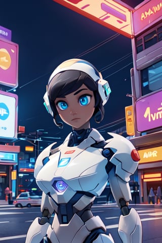 centered, upper body, masterpiece, digital art, | cute robot girl, symetrical eyes, evocative pose, (beautiful detailed eyes), (short curly black hairstyle), | render, unreal engine, 3d character concept, | sunset, futuristic city, neon lights, buildings, city lights, bokeh, depth of field, Atari vaporwave color scheme, ,3DMM