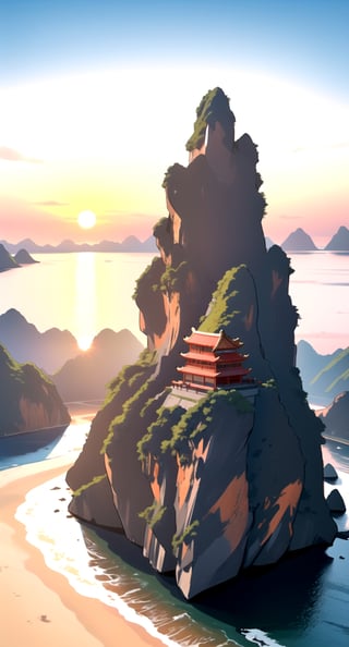 scenery art, | island scenery, china mountains, temple, beach, sunset,