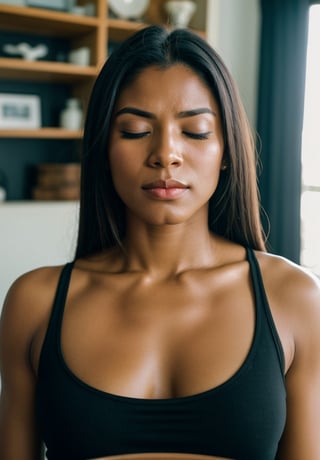 cinematic medium closeup of a woman, closed eyes, black muscle shirt, cum on face:1.5, bright living room