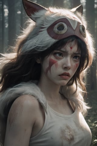 (masterpiece:1.2), (hig quality:1.2), 1girl, solo, full shot of beautiful princessmononoke, serious and angry, crying, details, realistic, photography, burning forest at background, softfocus 