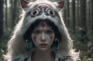 (masterpiece:1.2), (hig quality:1.2), 1girl, full view shot of beautiful princessmononoke, serious and angry, (crying:1.1), details, realistic, photography, beautifull green and detailed forest at background, softfocus, (giant white wolf:0.8) companion death