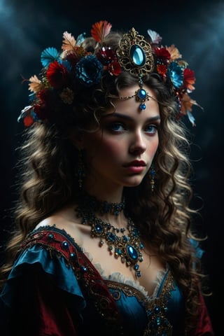 Create an image of an individual with long, curly hair wearing an ornate headpiece adorned with gemstones that glows against a dark backdrop. The individual should have an air of regality and drama, draped in ruffled garments in shades of deep reds and blues to enhance the moody atmosphere.
