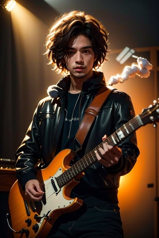 A close-up shot of a musician's figure shrouded in mystery, face obscured by shadows and wispy smoke. The musician's hands cradle a richly toned brown hollow-body electric guitar, its body gleaming warmly against the hazy orange-yellow-brown backdrop. A black leather jacket and tattered black pants clad the artist, exuding an air of rebellious nonconformity. The camera captures the musician's rugged silhouette amidst swirling vapors, creating a moody atmosphere of creative intensity.