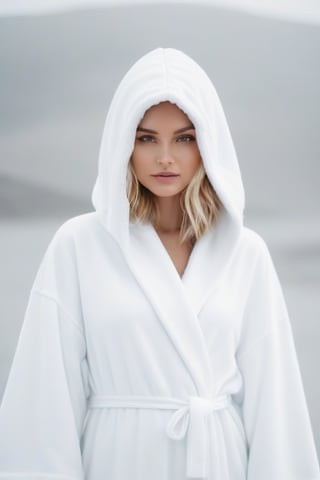 dream photography, an Angelic woman, white robe with hood, in high key, 35mm