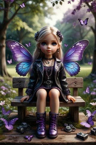 Create an image of a stylized blonde-haired doll seated on a wooden bench in front of a blurred park background. The hair should have purple and blue highlights, styled elaborately with bows and braids. The outfit consists of black leather clothing adorned with silver studs, complemented by metallic purple lace-up boots. Include multiple shiny necklaces and bracelets as accessories. Position a large silver boombox in front of the seated figure. Surround the scene with several flying purple butterflies to add vibrancy to the composition.
