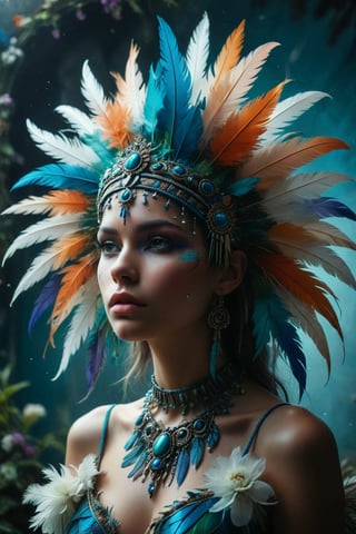 Create an image of a person adorned with an elaborate feather headdress in vibrant hues of blue, green, teal, orange, and purple against a muted indoor background with scattered pinkish-white petals.”