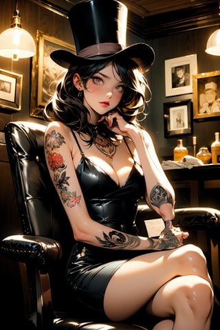 Create an image of an old-fashioned tattoo parlor with vintage decor, including framed pictures on walls and shelves stocked with bottles. Include two main characters: one character is a tattoo artist dressed in vintage clothing with a top hat; the other is heavily tattooed sitting in the chair receiving ink work. Faces should not be visible for privacy reasons. Capture an ambient atmosphere reminiscent of historical settings with warm lighting to enhance the nostalgic feel of the scene.

