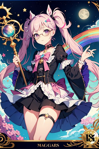 magical girl with glasses, decora, hairclips,bows, gothic edgy clothes, randomwear, crazy, magic wand, magical staff, stars and moons, clouds, tarot card style, cute, adorable, longest hair in pigtails with big defined curls, princess like, rainbow colors, unicorns and puppy dogs theme