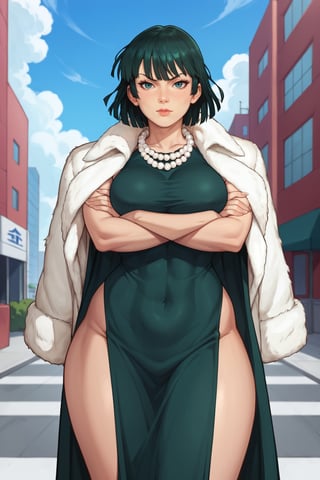 score_9, score_8_up, (detailed eyes: 1.2),((curvy body, hourglass body)),Fubuki, young woman, curvy figure, chin-length, dark green hair, light green eyes. white fur coat, dark green dress, ajusted dress, form-fitting V-neck dress with a high collar, thigh-high black boots, white pearl necklaces, solo, eyelashes, outdoors,big breasts, crossed arms, angry face, looking at viewer, curvy, standing, full bodyshot, city background, Fubuki_(One-Punch_Man)
