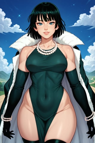 score_9, score_8_up, (detailed eyes: 1.2),((curvy body, hourglass body)),Fubuki, young woman, curvy figure, chin-length, dark green hair with a fringe styled into a bob, eyes light green. white fur coat,  dark green dress, form-fitting V-neck dress with a high collar, thigh-high black boots, white pearl necklaces, thighhighs, solo, thick thighs, star \(sky\), green eyes, eyelashes, outdoors, breasts, thighs,smile, looking at viewer, curvy, standing, Fubuki_(One-Punch_Man)