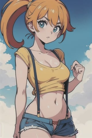 1girl, misty_(pokemon), (orange_hair), denim, denim_shorts, aqua_eyes, ponytail, short_hair, (side_ponytail), shirt,(masterpiece), (yellow_shirt), yellow shirt, navel, suspenders, red_suspenders, tank_top, (pantsu_ripper_artist:1.6), (asymmetrical_hair), centered, midriff, ((red_suspenders)), (short_suspenders), suspenders_outside_clothes, looking_at_viewer, (scrunchie:0.5), collarbone