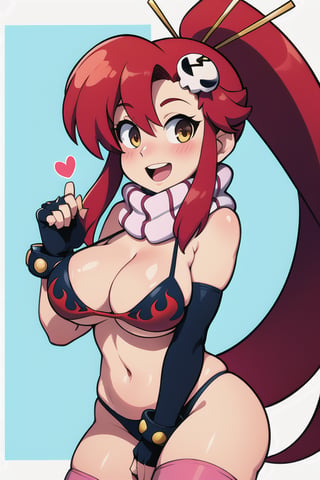 masterpiece, best quality, highres, yl1, ponytail, scarf, bikini top only, midriff, fingerless gloves, skull hair ornament, elbow gloves, pink thighhighs, cowboy shot, moor, smile, open mouth, heart hands, bikini, swimsuit, yoko_littner, black_bikini, blush, large_breasts