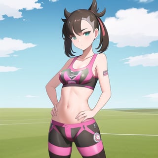Highly detailed, High Quality, Masterpiece, beautiful, 1girl, solo,  cowboy_shot, striped_thighhighs, marnie_(pokemon), outside, field, clouds, grass, looking at viewer, hands on hips, medium_breasts, sports_bra, yoga_pants, sexy, nipples, paizuri, 1boy, penis, 