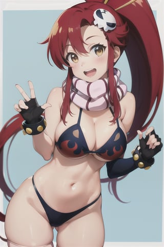 masterpiece, best quality, highres, yl1, ponytail, scarf, bikini top only, midriff, fingerless gloves, skull hair ornament, elbow gloves, pink thighhighs, cowboy shot, moor, smile, open mouth, heart hands, bikini, swimsuit, yoko_littner, black_bikini, blush, large_breasts, (abs:0.6)