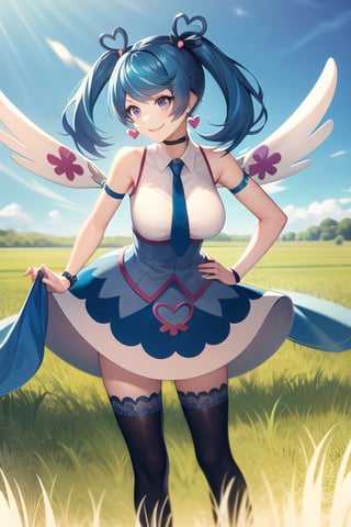 masterpiece, best quality, highres, heart hair ornament, ba1, 1girl, solo, jewelry, necktie, skirt, sleeveless, blue necktie, choker, breasts, black thighhighs, shirt, dress, blue skirt, skirt_ornament, wings, four-leaf clover_facial_tattoo, , standing, cowboy shot, smile, grass, field, leaning forward, hand on hip, 