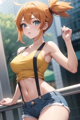 1girl, misty_(pokemon), orange_hair, denim, denim_shorts, aqua_eyes, ponytail, short_hair, side_ponytail, shirt,(masterpiece), yellow_shirt, yellow shirt, navel, suspenders, tank_top, pantsu_ripper, asymmetrical_hair