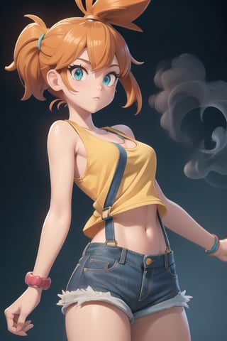 1girl, misty_(pokemon), orange_hair, denim, denim_shorts, aqua_eyes, ponytail, short_hair, side_ponytail, shirt,(masterpiece), yellow_shirt, yellow shirt, navel, suspenders, tank_top, pantsu_ripper