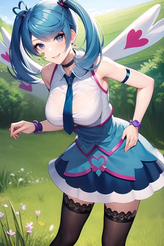 masterpiece, best quality, highres, heart hair ornament, ba1, 1girl, solo, jewelry, necktie, skirt, sleeveless, blue necktie, choker, breasts, black thighhighs, shirt, dress, blue skirt, skirt_ornament, wings, four-leaf clover_facial_tattoo, , standing, cowboy shot, smile, grass, field, leaning forward, hand on hip, 