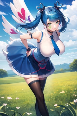 masterpiece, best quality, highres, heart hair ornament, ba1, 1girl, solo, jewelry, necktie, skirt, sleeveless, blue necktie, choker, breasts, black thighhighs, shirt, dress, blue skirt, skirt_ornament, wings, four-leaf clover_facial_tattoo, , standing, cowboy shot, smile, grass, field, leaning forward, hand on hip, 1boy, paizuri, 