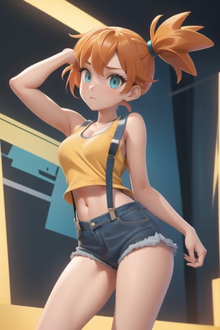 1girl, misty_(pokemon), orange_hair, denim, denim_shorts, aqua_eyes, ponytail, short_hair, side_ponytail, shirt,(masterpiece), yellow_shirt, yellow shirt, navel, suspenders, tank_top, pantsu_ripper