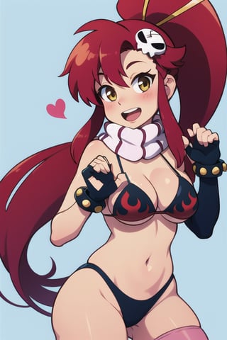 masterpiece, best quality, highres, yl1, ponytail, scarf, bikini top only, midriff, fingerless gloves, skull hair ornament, elbow gloves, pink thighhighs, cowboy shot, moor, smile, open mouth, heart hands, bikini, swimsuit, yoko_littner, black_bikini, blush, large_breasts, (abs:0.6)