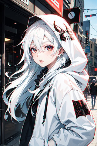 spider_oc, 1girl, long hair, wavy hair, white hair, white eyes, pale skin, hair between eyes, closed mouth, piercing, lips piercing, animification, hood, white hoodie, city, looking at viewer, solo, 