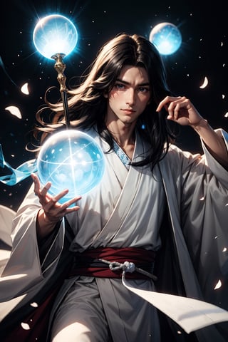 A boy with long black hair, wearing a white flowered kimono, holding a white staff with a transparent glowing orb 