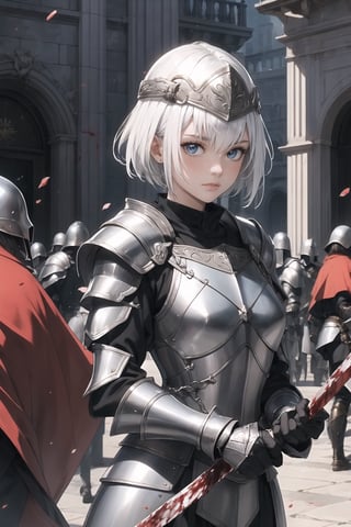 A pretty girl with short white hair, wearing silver armor and a European helmet, in a bloody battle