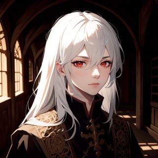 Masterpiece, artwork, detailed eyes, cute face, intricate hair, intense red eyes, masculine face, a boy with white hair, wearing medieval clothing, portrait format, indirect linear lighting, creating a darker and more rustic atmosphere, background of a dimly lit dark castle corridor.