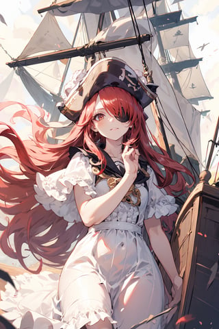 A girl wearing an eye patch, long red hair, white skin, wearing a fluffy pink dress with ruffles, pirate ship background.
