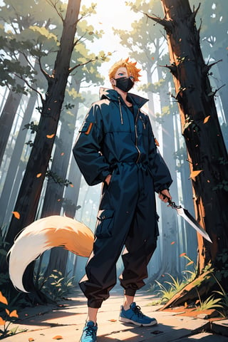 A boy with blonde spiky hair and blue eyes, wearing an orange jumpsuit, blue shoes in a forest carrying kunai and a fox mask on his side, dramatic lighting 