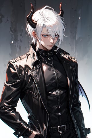 A male demon with white hair wearing black leather clothing in a hellscape