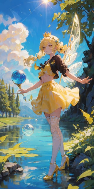 A solar fairy, with a blue crown on her head, yellow eyes, long blond hair tied up in a mary jane, wearing a yellow top, short yellow skirt, fishnet stockings, blue crystal high heels, transparent fairy wings, holding a spherical staff in a lake setting. 