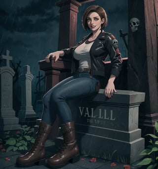An ultra-detailed 16K masterpiece of horror and ((Resident Evil 3)), rendered in ultra-high resolution with stunning graphical detail. | Jill Valentine, a beautiful 28-year-old woman, is dressed in a sexy and modern detective outfit consisting of a leather jacket, jeans, black boots and a white shirt. Her short brown hair is styled into a bob, with a loose strand of hair falling in front. Her green eyes look out at the viewer, ((smiling seductively and showing her teeth)), with red lipstick and war paint on her face. It is located in a macabre cemetery, at night, in heavy rain. The marble and wooden structures create a gloomy atmosphere, while the tombstones, coffins, skulls, skeletons and zombies add a spooky touch to the scene. The rain hits the tombs, creating a frightening sound. | The image highlights Jill Valentine's sensual figure and the frightening elements of the macabre cemetery. The marble structures, wood, tombstones, coffins, skulls, skeletons and zombies create a dark and frightening environment. Night lighting creates dramatic shadows and highlights details in the scene. | Soft, shadowy lighting effects create a tense, fear-filled atmosphere, while rough, detailed textures on structures and costume add ((Resident Evil 3)) to the image. | A sensual and frightening scene of Jill Valentine, a beautiful woman dressed as a sexy detective in a macabre cemetery, exploring themes of terror, seduction and survival. | (((The image reveals a full-body shot as Jill Valentine assumes a sensual pose, engagingly leaning against a structure within the scene in an exciting manner. She takes on a sensual pose as she interacts, boldly leaning on a structure, leaning back and boldly throwing herself onto the structure, reclining back in an exhilarating way.))). | ((((full-body shot)))), ((perfect pose)), ((perfect limbs, perfect fingers, better hands, perfect hands, hands))++, ((perfect legs, perfect feet))++, ((huge breasts)), ((perfect design)), ((perfect composition)), ((very detailed scene, very detailed background, perfect layout, correct imperfections)), Enhance++, Ultra details++, More Detail++