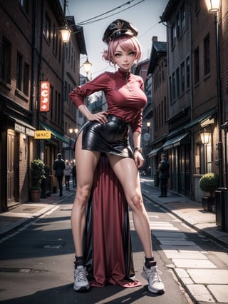 A woman, red shirt without collar and sleeves, very short black skirt, white sneakers, gigantic breasts, wearing cap, pink hair, extremely short hair, rebellious hair, hair with ponytail, hair with bangs in front of the eye, looking at the viewer, (((sensual pose+Interacting+leaning on anything+object+leaning against))), in a small square at night with many structures, banks, trees, lots of people walking, ((full body):1.5), 16K, UHD, unreal engine 5, quality max, max resolution, ultra-realistic, ultra-detailed, maximum sharpness, ((perfect_hands):1), Goodhands-beta2