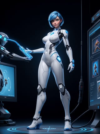 A woman, wearing white wick suit with blue lights, very tight suit on the body with robotic parts, (gigantic breasts), blue hair, very short hair, straight hair, mohawk hair, hair with bangs in front of the eyes, looking at the viewer, in a laboratory, with machines, computers, robots, windows, luminous pipes, ((([pose with interaction and leaning on something|pose with interaction and leaning on an object]))), ((full body):1.5), 16k, UHD, best possible quality, ultra detailed, best possible resolution, Unreal Engine 5, professional photography, well-detailed fingers, well-detailed hand, perfect_hands, perfect, ((super metroid))
