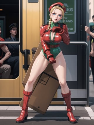 A woman, wearing an all-green latex military suit, belted suit, glove suit, boot suit, wearing red beret, gigantic breasts, blonde hair, braided hair+solo hair with bangs in front of her eyes, (looking directly at the viewer), she is inside a bus, crowded with people, 16K, UHD, best possible quality, ultra detailed,  best possible resolution, Unreal Engine 5, professional photography, ((street fighter cammy)), she is, ((sensual pose with interaction and leaning on anything + object + on something + leaning against)), ((full body)), More detail,
