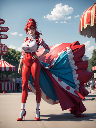 A woman, wearing a circus clown costume in a red suit, white T-shirt with blue polka dots, long red pants, red circus clown shoes, tight and tight clothing on the body, ((gigantic breasts)), blue hair, hair with ponytail, hair straight, hair with bangs in front of the eyes, looking at the viewer, (((pose with interaction and leaning on [something|an object]))), in an amusement park with many food cars, tables, toys, is in the afternoon, beautiful clouds in the sky, ((full body):1.5), 16k, UHD, best possible quality, ultra detailed, best possible resolution, Unreal Engine 5, professional photography, ((well-detailed fingers):1.2), ((well-detailed hand):1.2), ((perfect hands):1.2), ((circus clown))