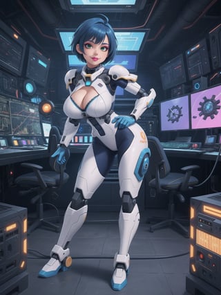 A woman, wearing mecha costume with parts in blue, all white costume, costume with cybernetic armor, costume with lights attached, gigantic breasts, costume covering the whole body, costume very tight on the body, synthetic costume, very short hair, blue hair, mohawk hair, hair with bangs in front of eyes, she is in a giant robot in the control room, with machines, equipment, large gears, computers, luminous pipes, electricity running, UHD, best possible quality, ultra detailed, best possible resolution, ultra technological, futuristic, robotic, Unreal Engine 5, professional photography, ((sensual pose with interaction and leaning on anything + object + on something + leaning against)), ((full body)), better_hands, More detail,