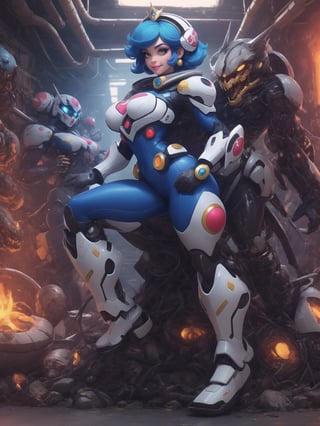 [Princess Peach], has gigantic breasts, wearing mecha suit with blue parts, totally white mecha suit, very tight mecha suit on the body, wearing a crown + cybernetic helmet, short hair, blue hair, mohawk hair, hair with bangs in front of the eyes, she is in a dungeon, with many pipes, large stone structures, machines, monsters, dirty water waterfall, Super Mario Bros, super metroid, 16K, UHD, best possible quality, ultra detailed, best possible resolution, ultra technological, futuristic, robotic, Unreal Engine 5, professional photography, she is ((sensual pose with interaction and leaning on anything + object + on something + leaning against)), perfect anatomy, ((full body)), More detail, better_hands.