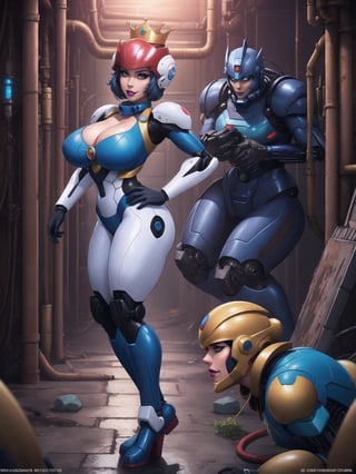 [Princess Peach], has gigantic breasts, wearing mecha suit with blue parts, totally white mecha suit, very tight mecha suit on the body, wearing a (crown+cybernetic helmet), short hair, blue hair, mohawk hair, hair with bangs in front of the eyes, she is in a dungeon, with many pipes, large stone structures, machines, monsters, dirty water waterfall, Super Mario Bros, super metroid, 16K, UHD, best possible quality, ultra detailed, best possible resolution, ultra technological, futuristic, robotic, Unreal Engine 5, professional photography, she is ((sensual pose with interaction and leaning on anything + object + on something + leaning against)), perfect anatomy, ((full body)), More detail, better_hands.
