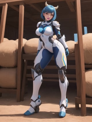 ((A cow woman)), has gigantic breasts, wearing mecha+robotic armor with small blue areas, all white suit, very tight, short hair, blue hair, hair with bangs in front of her eyes, she is in a stable, with large wooden structures, hay bales, machines, warcraft, 16K, UHD, best possible quality, ultra detailed, best possible resolution, ultra technological, futuristic, robotic, Unreal Engine 5, professional photography. She is in a ((sensual pose with interaction and leaning on anything + object + on something + leaning against)) + perfect_thighs, perfect_legs, perfect_feet and ((full body)). More detail and better hands.