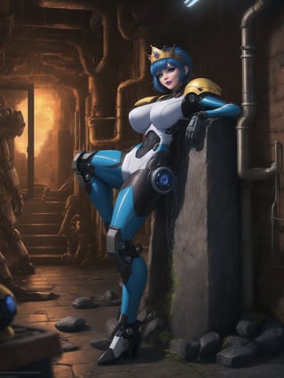 [Princess Peach], has gigantic breasts, wearing mecha suit with blue parts, totally white mecha suit, very tight mecha suit on the body, wearing a (crown+cybernetic helmet), short hair, blue hair, mohawk hair, hair with bangs in front of the eyes, she is in a dungeon, with many pipes, large stone structures, machines, monsters, dirty water waterfall, Super Mario Bros, super metroid, 16K, UHD, best possible quality, ultra detailed, best possible resolution, ultra technological, futuristic, robotic, Unreal Engine 5, professional photography, she is ((sensual pose with interaction and leaning on anything + object + on something + leaning against)), perfect anatomy, ((full body)), More detail, better_hands.