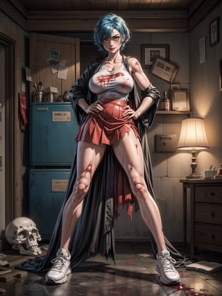 A zombie woman, wearing ((black robe, white sleeveless T-shirt, short red skirt, all dirty+torn clothes, gigantic breasts, extremely white skin, sneakers, blood all over clothes)), short hair, blue hair, curly hair, messy hair, hair with bangs in front of her eyes, (((looking at the viewer, sensual pose with interaction and leaning on anything+object+on something+leaning against+leaning against))) in an old house all destroyed, with old furniture, lamps illuminating the place, many dead vibes transiting, ((full body):1.5); 16K, UHD, unreal engine 5, quality max, max resolution, ultra-realistic, ultra-detailed, maximum sharpness, ((perfect_hands):1), Goodhands-beta2, ((a zombie woman+many wounds and bones appearing))