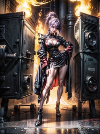 A woman, wearing white cybernetic armor with tight and tight red areas, gigantic breasts, wearing helmet with visor, purple hair, extremely short hair, rebellious hair, hair with ponytail, hair with bangs in front of the eye, looking at the viewer, (((sensual pose+Interacting+leaning on anything+object+leaning against))), on a battlefield with machines, stone structures, military vehicles, fire everywhere, ((full body):1.5), 16K, UHD, unreal engine 5, quality max, max resolution, ultra-realistic, ultra-detailed, maximum sharpness, ((perfect_hands):1), Goodhands-beta2, ((technological))